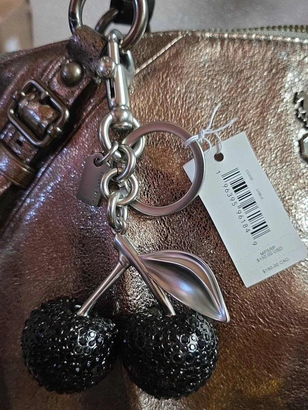 Coach Embellished Lg. Crystal Black Cherries Charm/ Key Ring Nwt Silver Hardware